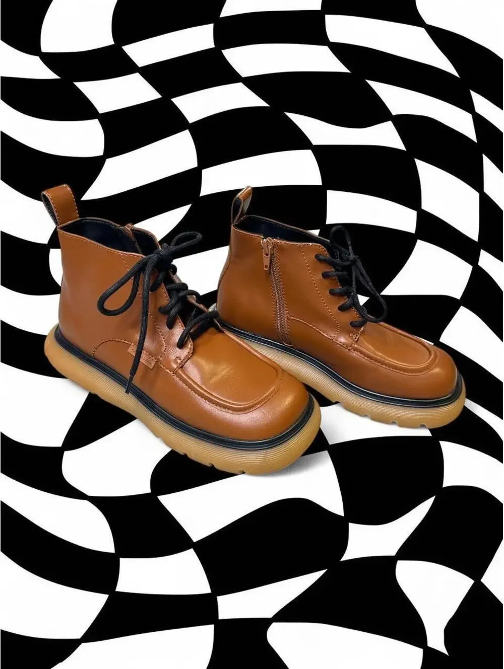 Charles & Keith Brown leather ankle boots with chunky sole and lace-up design